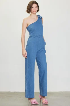 SKIES ARE BLUE One Shoulder Denim Jumpsuit with Rosette* Jumpsuits