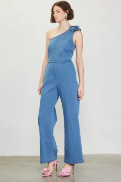 SKIES ARE BLUE One Shoulder Denim Jumpsuit with Rosette* Jumpsuits