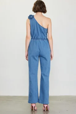 SKIES ARE BLUE One Shoulder Denim Jumpsuit with Rosette* Jumpsuits