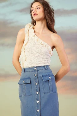 SKIES ARE BLUE One Shoulder Ruffle Trim Lace Top* Sleeveless Tops