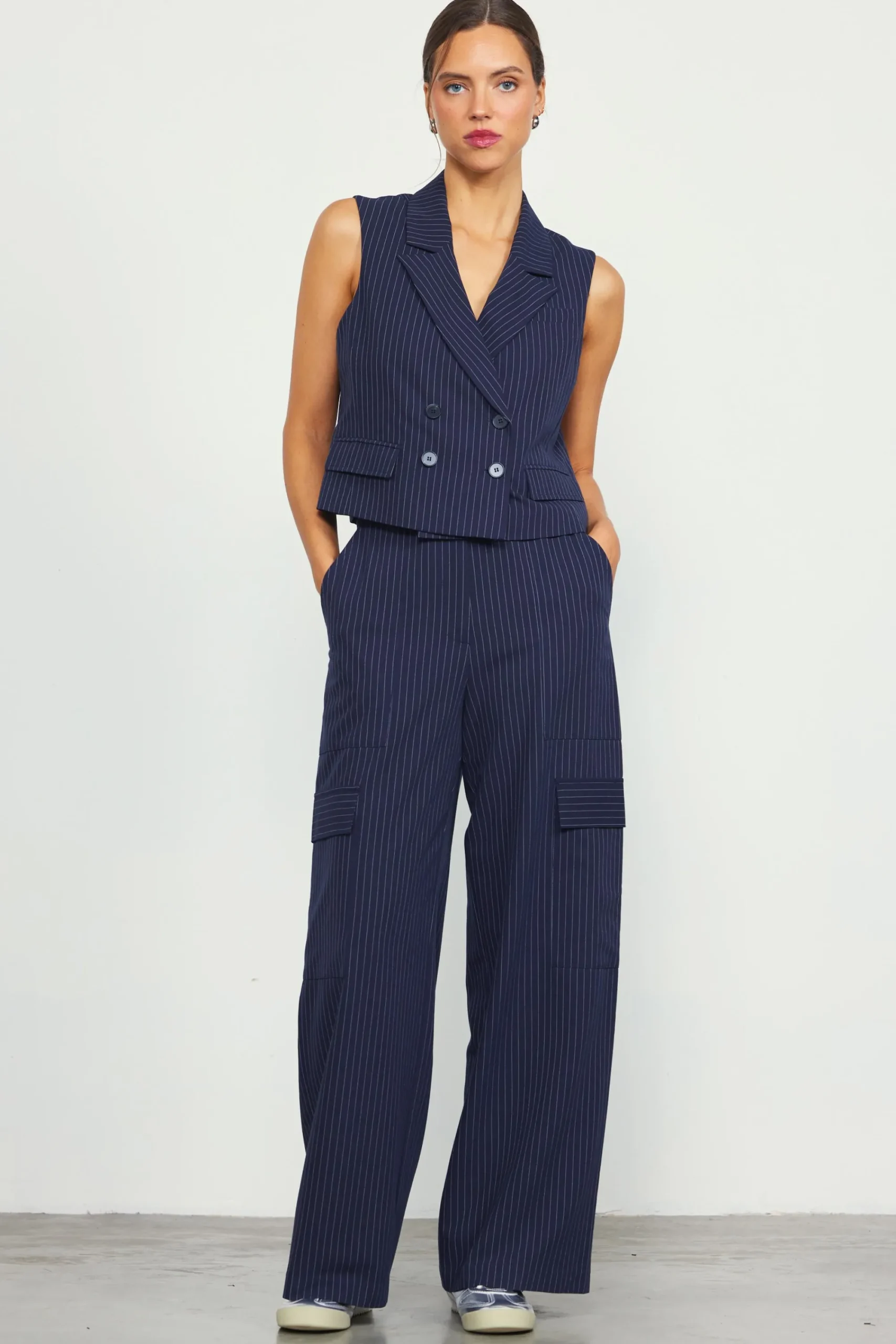 SKIES ARE BLUE Pinstriped Cargo Wide Leg Pants* Pants