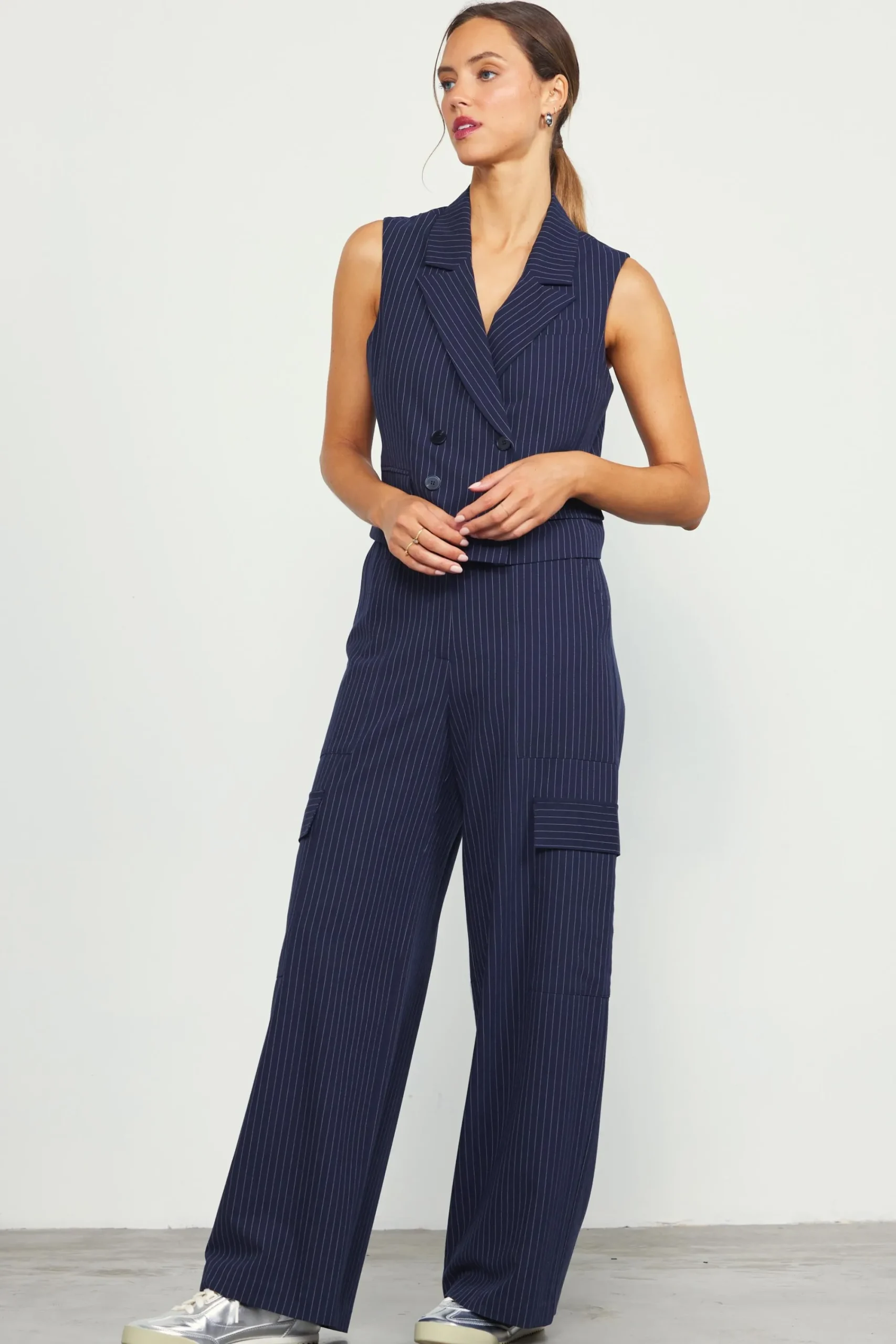SKIES ARE BLUE Pinstriped Cargo Wide Leg Pants* Pants