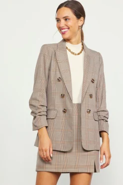 SKIES ARE BLUE Plaid Ruched Sleeve Tailored Blazer* Blazers