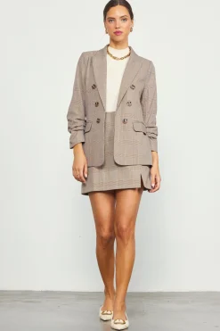 SKIES ARE BLUE Plaid Ruched Sleeve Tailored Blazer* Blazers