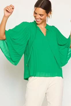 SKIES ARE BLUE Pleated Ruffled Trim Top* Long Sleeve Tops