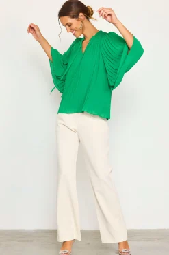 SKIES ARE BLUE Pleated Ruffled Trim Top* Long Sleeve Tops