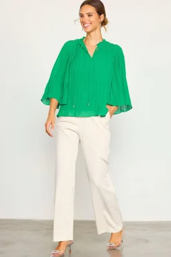 SKIES ARE BLUE Pleated Ruffled Trim Top* Long Sleeve Tops