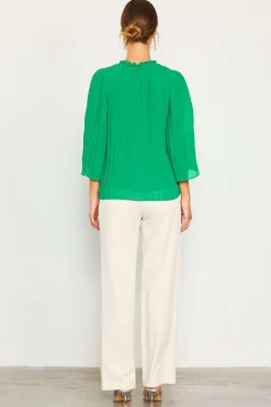 SKIES ARE BLUE Pleated Ruffled Trim Top* Long Sleeve Tops