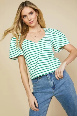 SKIES ARE BLUE Pleated Sleeve Knit Top* Short Sleeve Tops