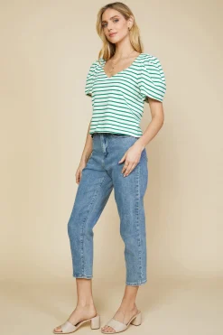 SKIES ARE BLUE Pleated Sleeve Knit Top* Short Sleeve Tops