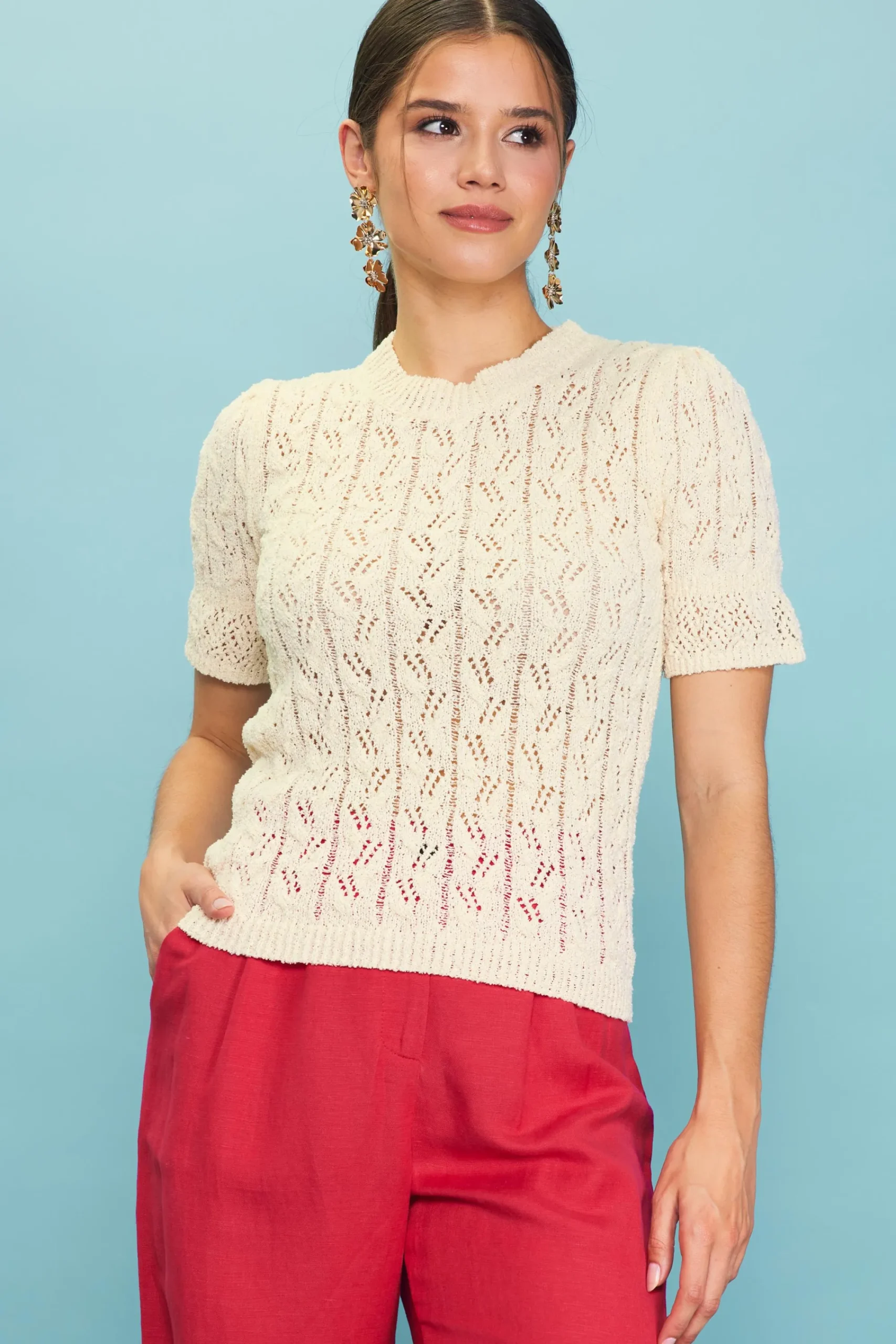 SKIES ARE BLUE Pointelle Short Sleeve Sweater* Short Sleeve Tops|Sweaters