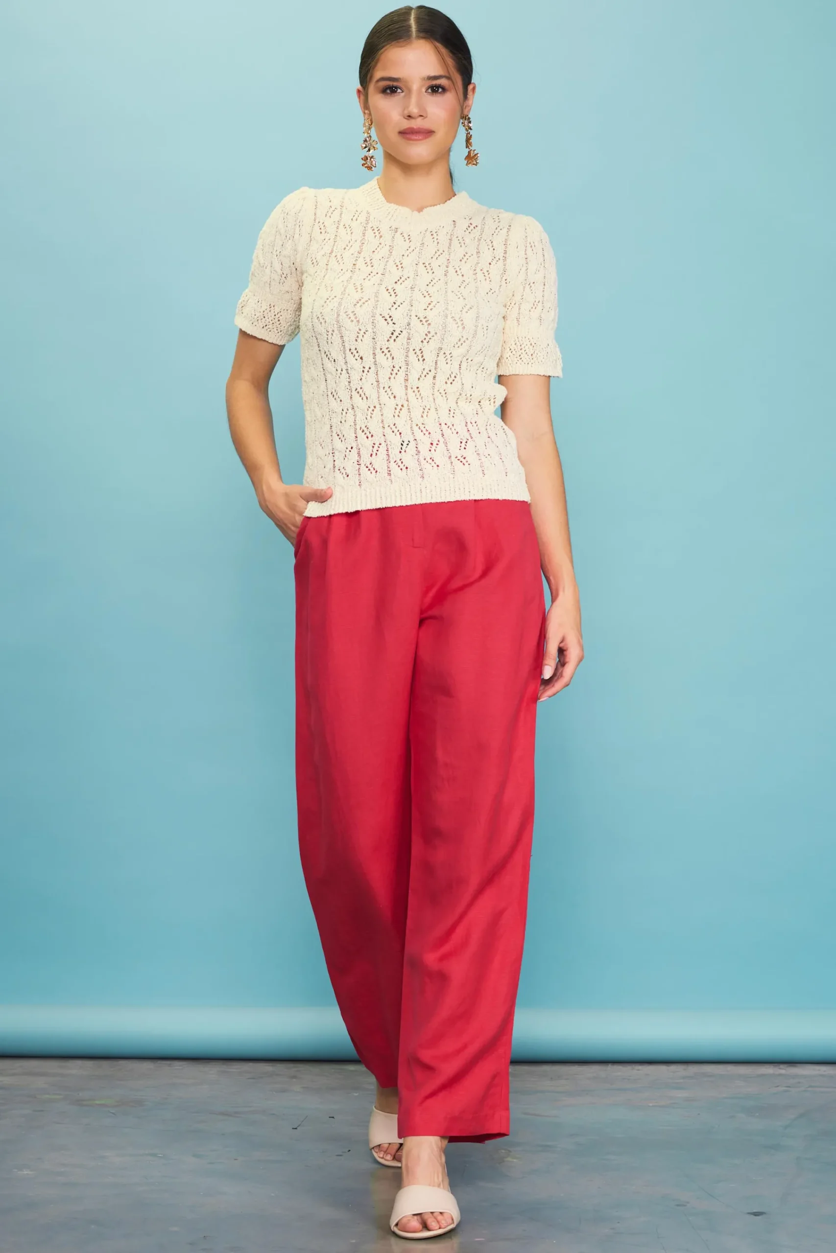 SKIES ARE BLUE Pointelle Short Sleeve Sweater* Short Sleeve Tops|Sweaters