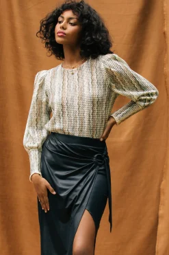 SKIES ARE BLUE Printed Crochet Round Neck Top* Long Sleeve Tops