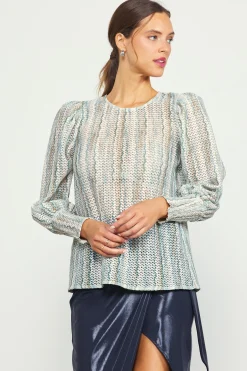 SKIES ARE BLUE Printed Crochet Round Neck Top* Long Sleeve Tops