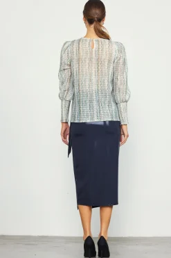 SKIES ARE BLUE Printed Crochet Round Neck Top* Long Sleeve Tops