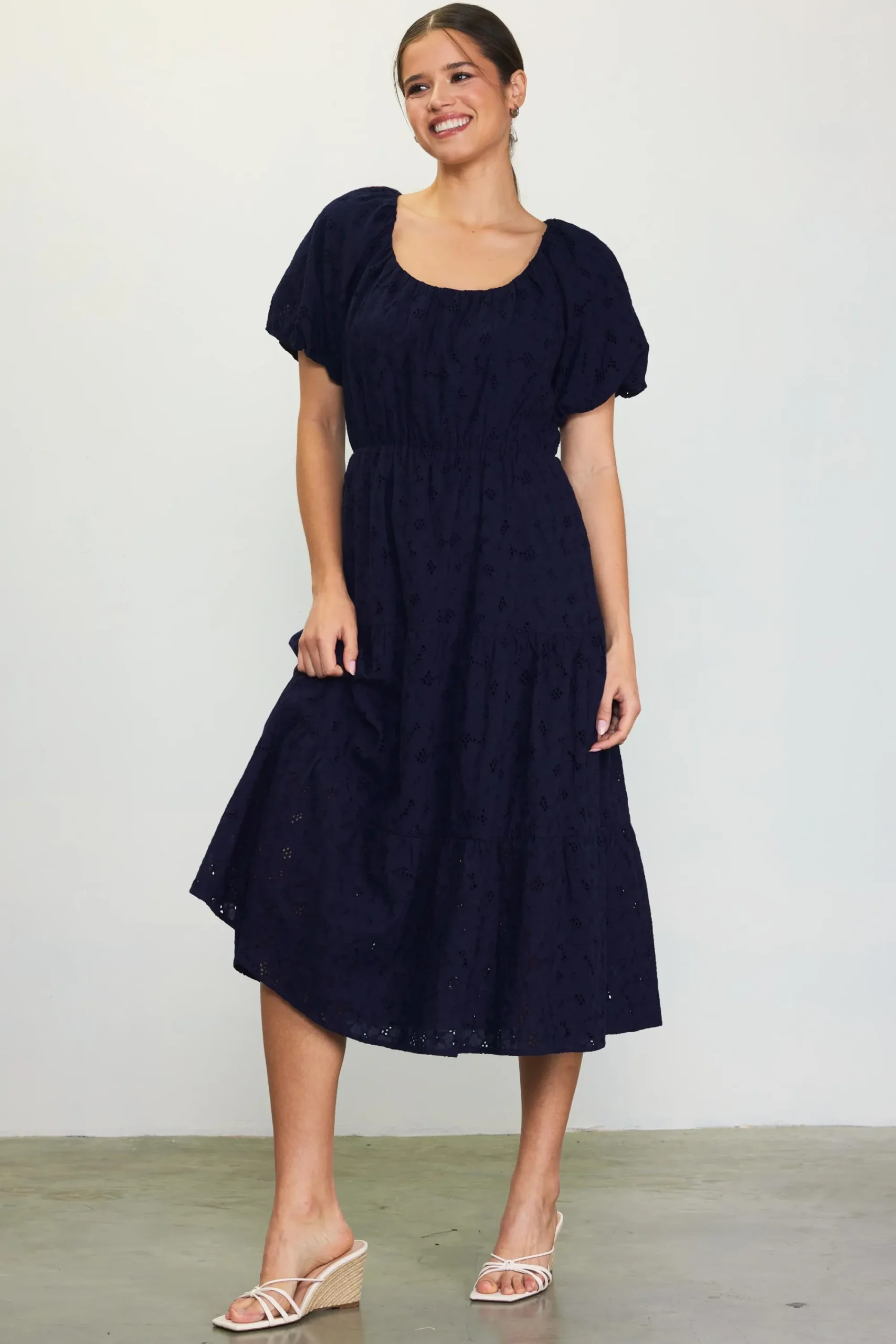 SKIES ARE BLUE Puffed Sleeve Tiered Midi Dress* Midi Dresses