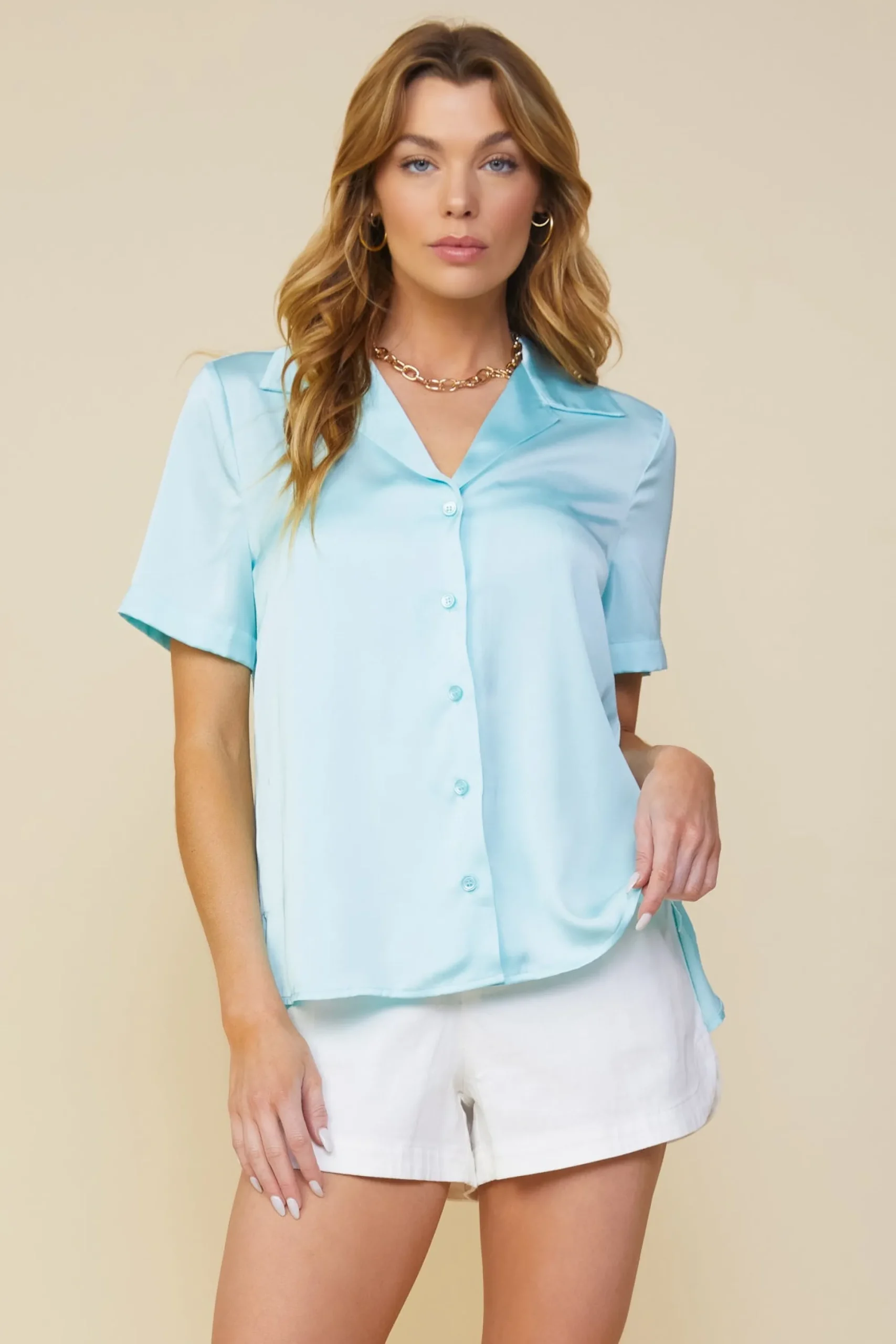 SKIES ARE BLUE Recycled Button Down Short Sleeve Shirt* Short Sleeve Tops