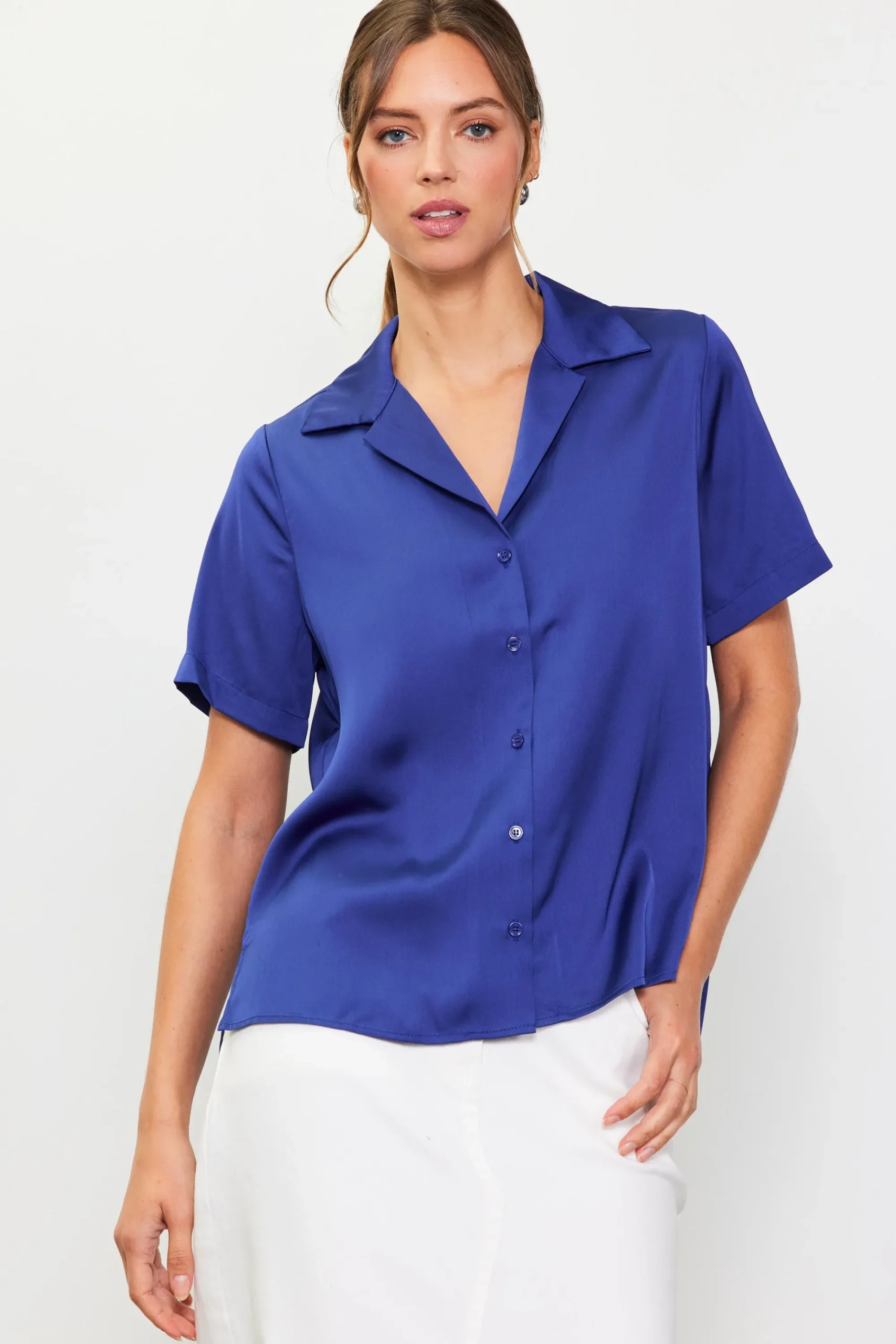 SKIES ARE BLUE Recycled Button Down Short Sleeve Shirt* Short Sleeve Tops