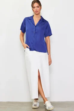 SKIES ARE BLUE Recycled Button Down Short Sleeve Shirt* Short Sleeve Tops