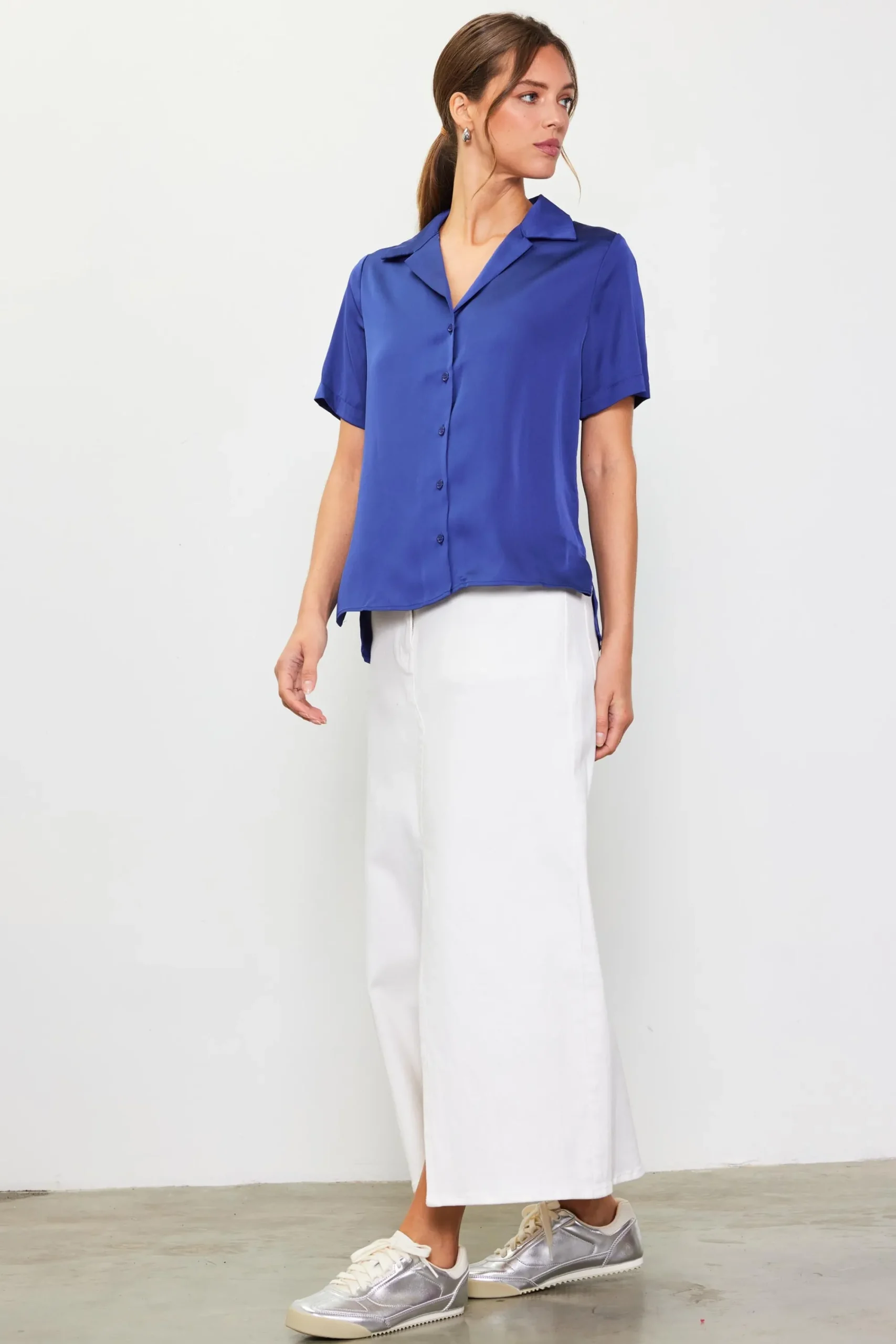 SKIES ARE BLUE Recycled Button Down Short Sleeve Shirt* Short Sleeve Tops