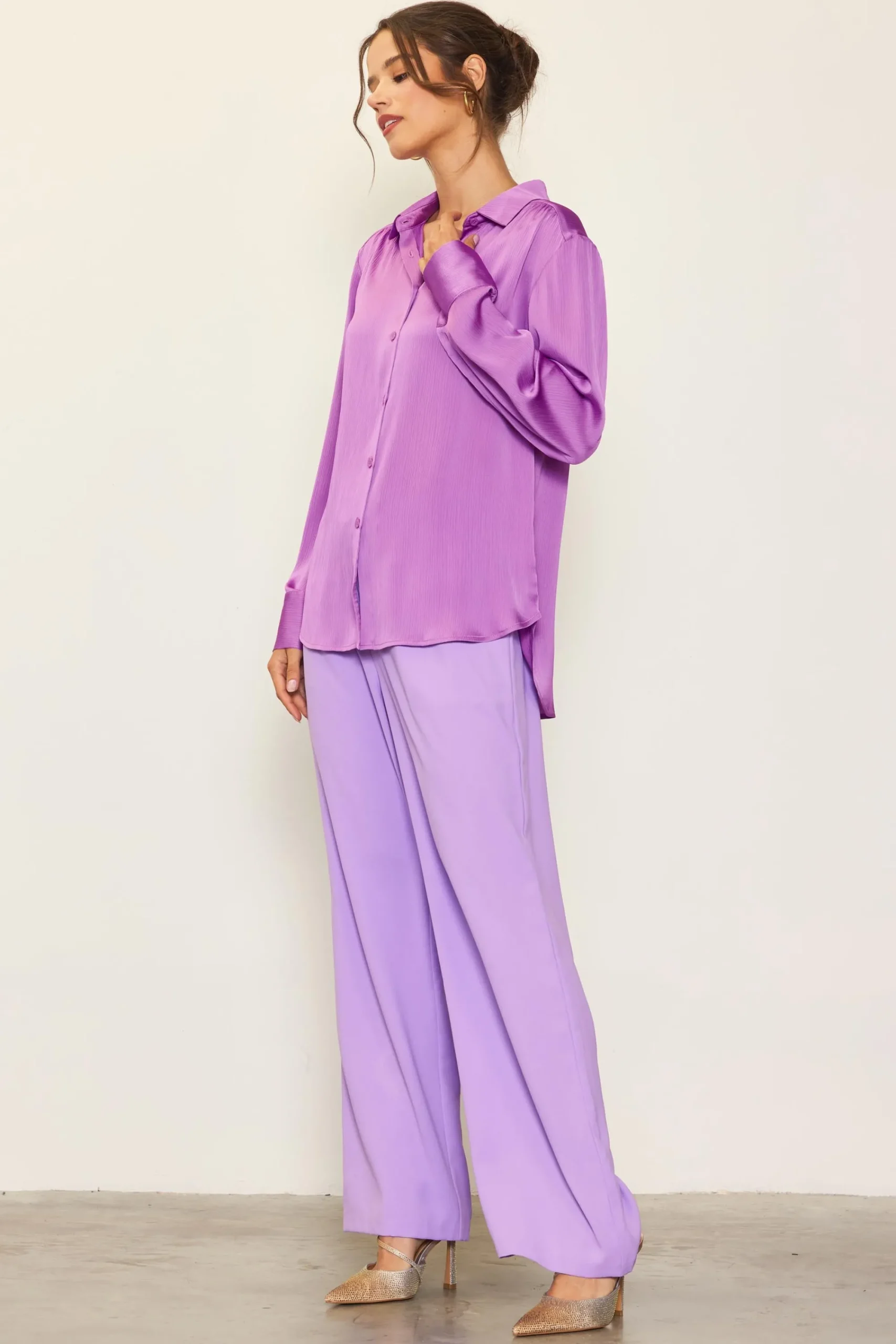 SKIES ARE BLUE Recycled Crinkle Satin Buttondown* Long Sleeve Tops