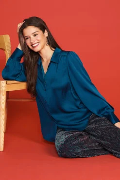 SKIES ARE BLUE Recycled Crinkle Satin Buttondown* Long Sleeve Tops