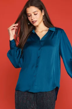 SKIES ARE BLUE Recycled Crinkle Satin Buttondown* Long Sleeve Tops
