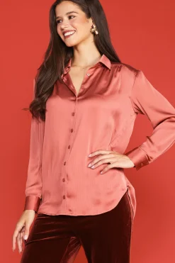 SKIES ARE BLUE Recycled Crinkle Satin Buttondown* Long Sleeve Tops