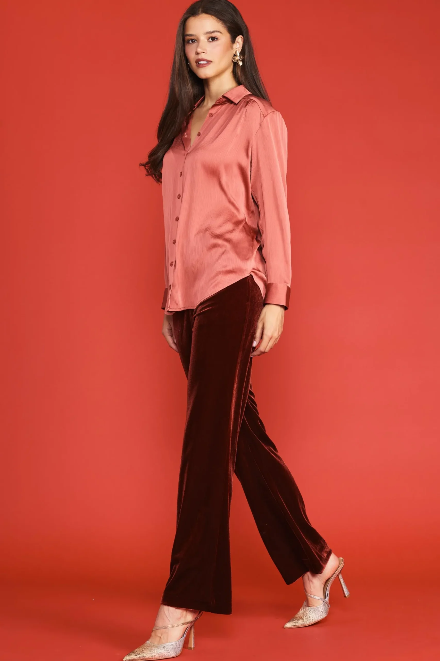 SKIES ARE BLUE Recycled Crinkle Satin Buttondown* Long Sleeve Tops