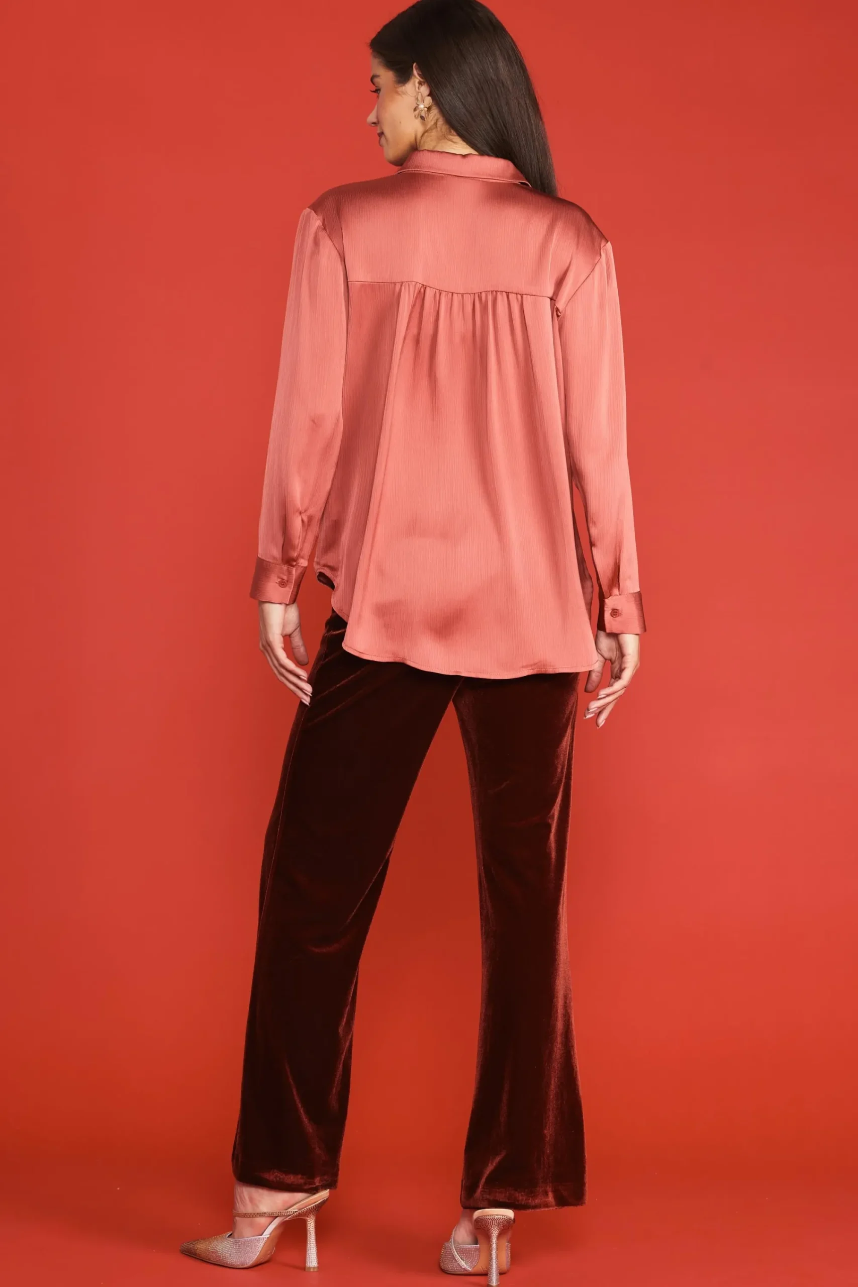 SKIES ARE BLUE Recycled Crinkle Satin Buttondown* Long Sleeve Tops