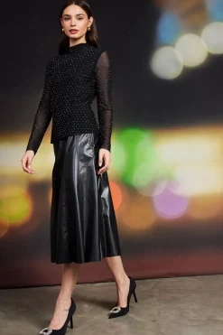 SKIES ARE BLUE Rhinestone Mesh Mock Neck Top* Long Sleeve Tops