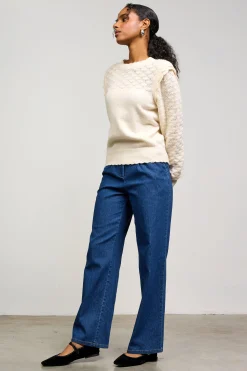 SKIES ARE BLUE Ruffled Sleeve Pointelle Sweater* Sweaters