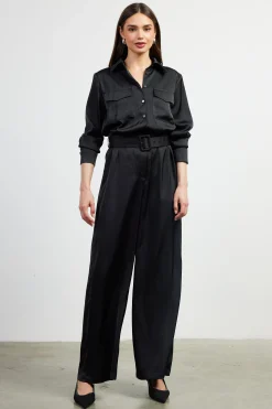 SKIES ARE BLUE Satin Button Down Belted Jumpsuit* Jumpsuits