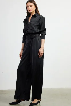 SKIES ARE BLUE Satin Button Down Belted Jumpsuit* Jumpsuits