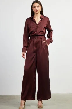 SKIES ARE BLUE Satin Button Down Belted Jumpsuit* Jumpsuits