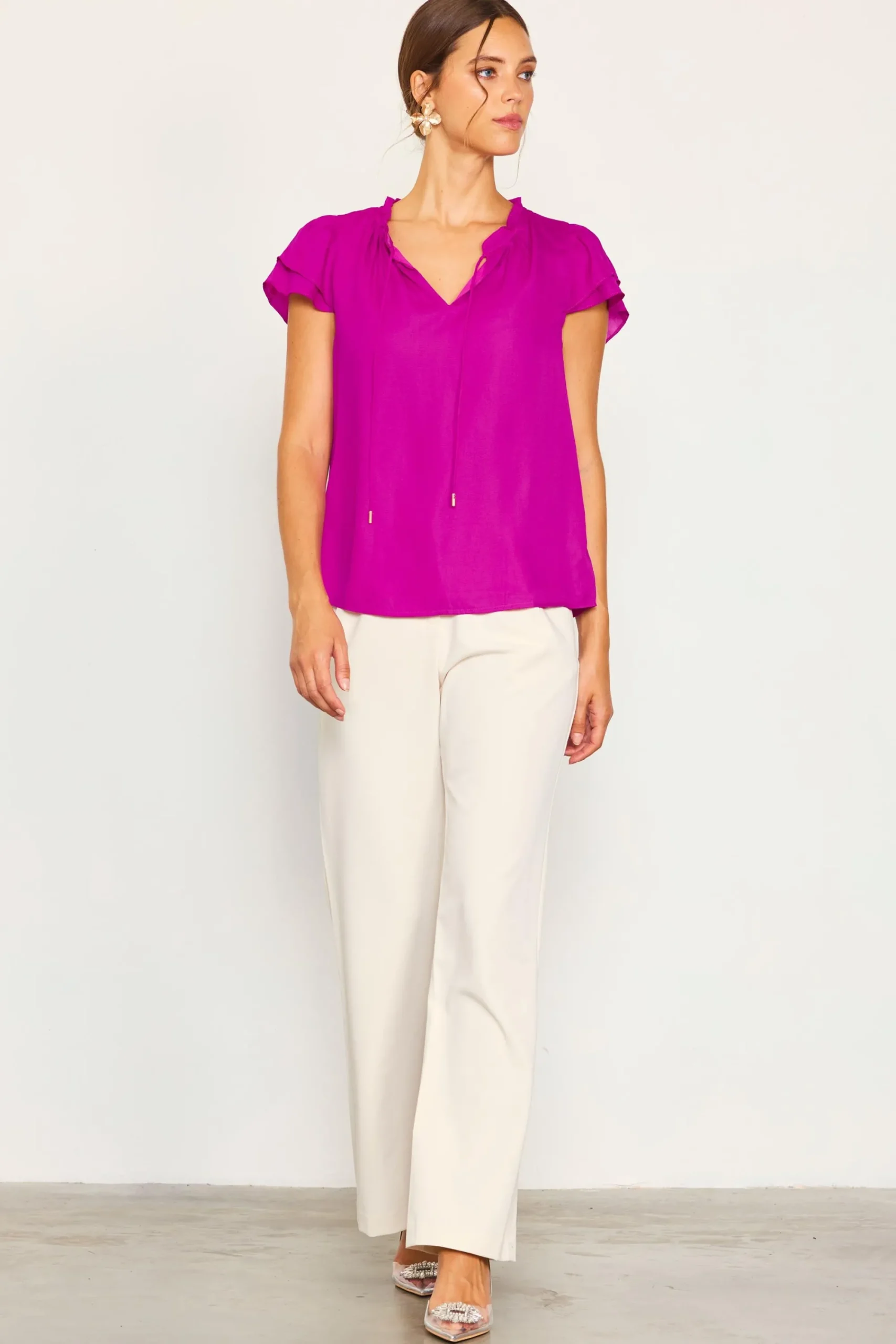 SKIES ARE BLUE Satin Ruffled Detail Top* Short Sleeve Tops