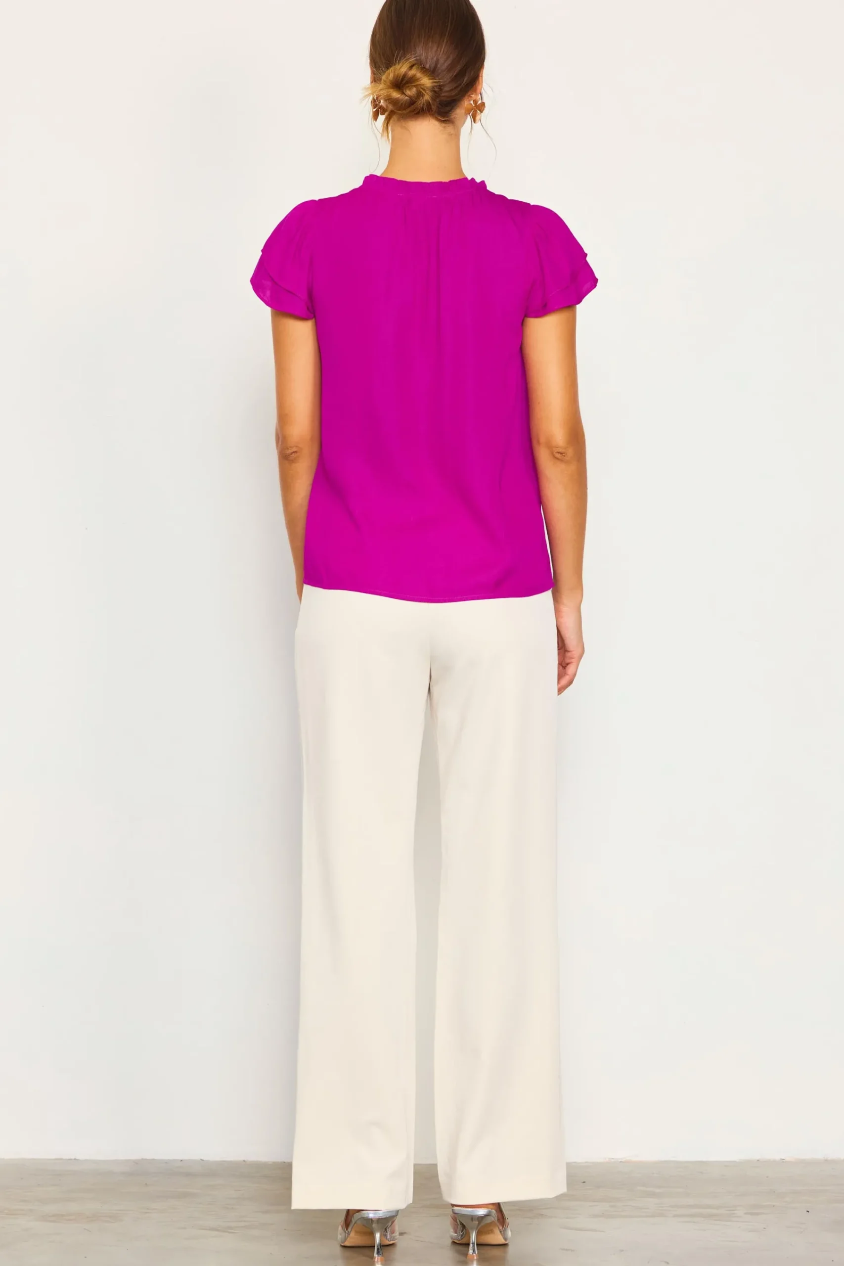 SKIES ARE BLUE Satin Ruffled Detail Top* Short Sleeve Tops