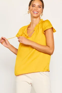 SKIES ARE BLUE Satin Ruffled Detail Top* Short Sleeve Tops