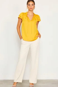 SKIES ARE BLUE Satin Ruffled Detail Top* Short Sleeve Tops