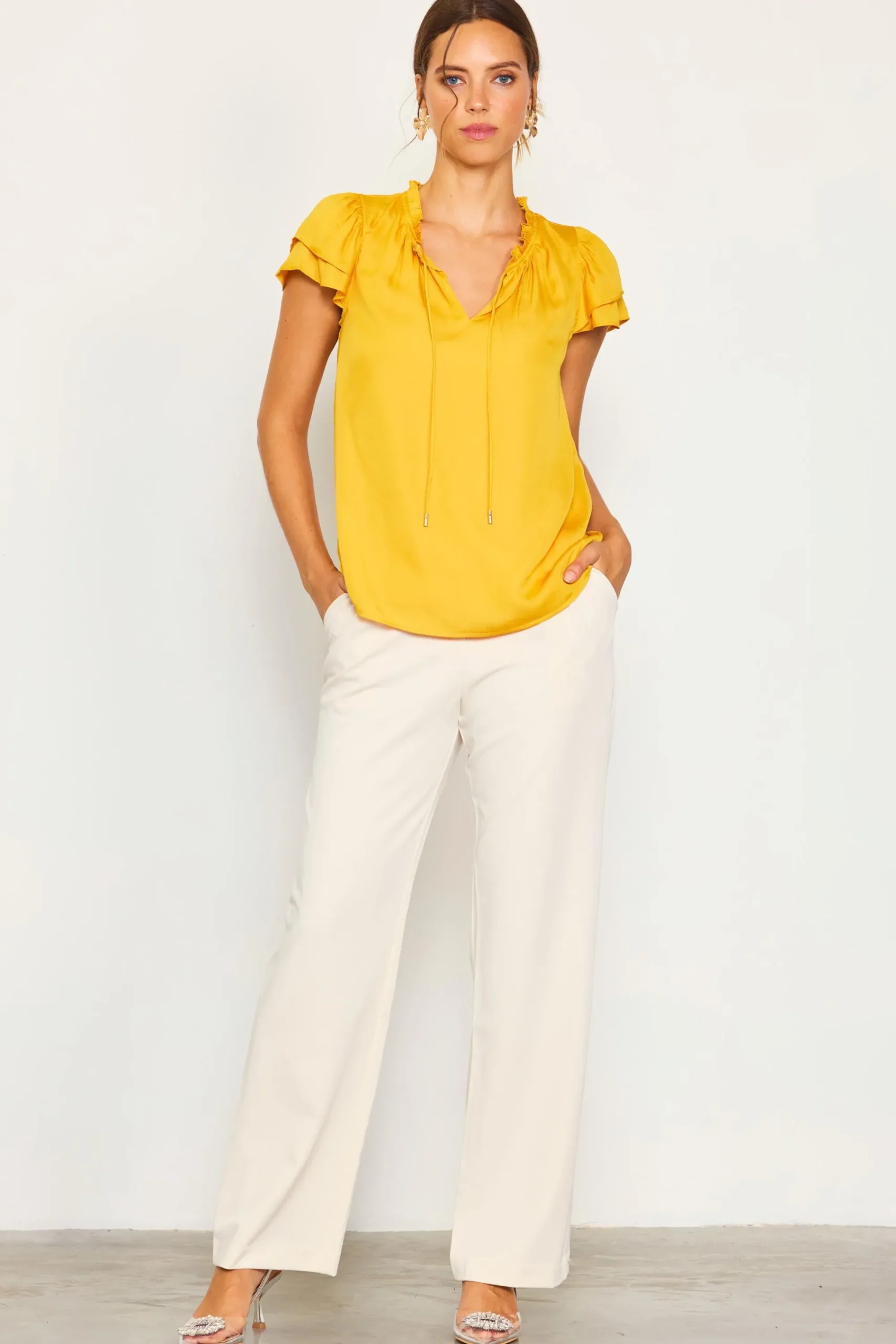 SKIES ARE BLUE Satin Ruffled Detail Top* Short Sleeve Tops