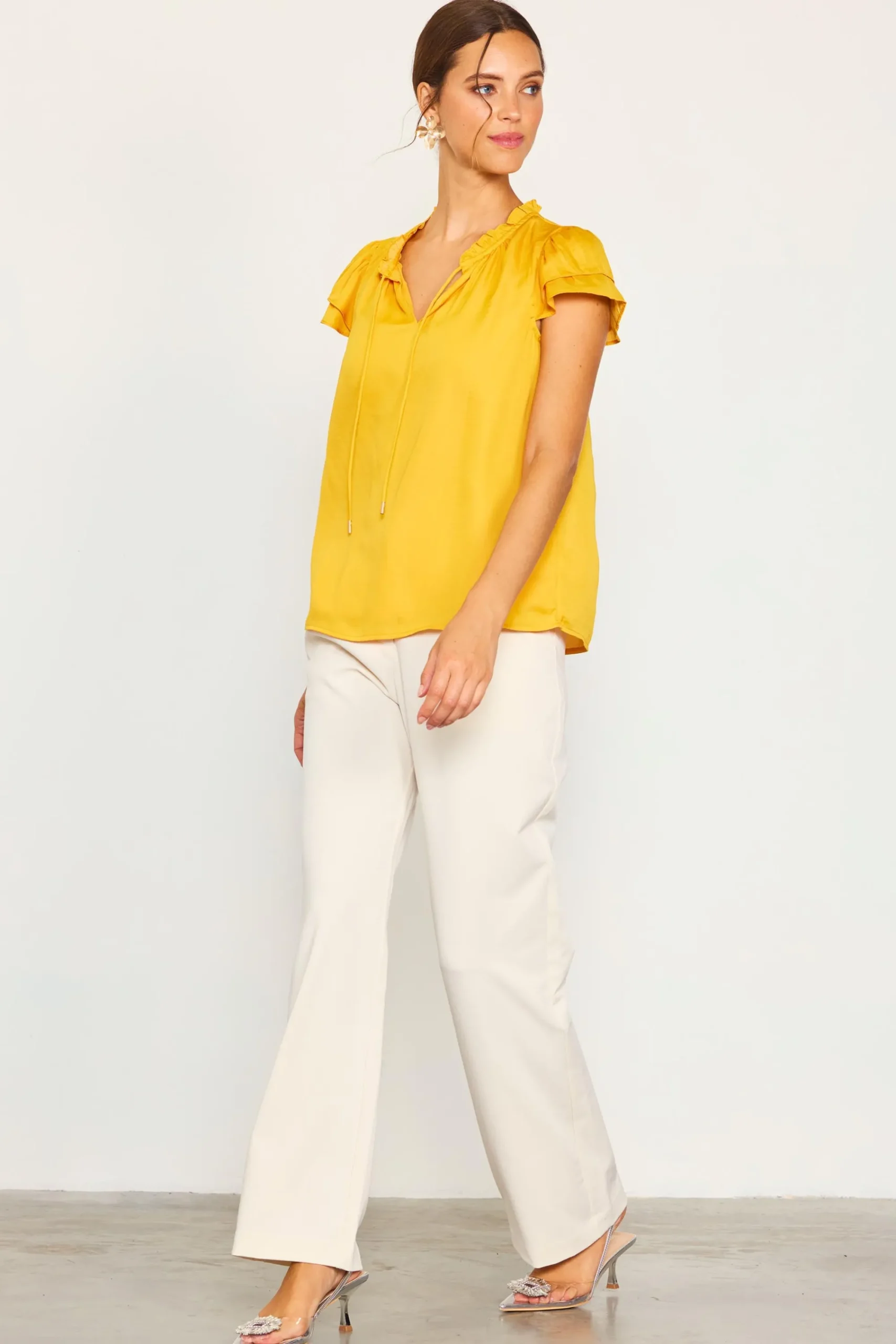 SKIES ARE BLUE Satin Ruffled Detail Top* Short Sleeve Tops