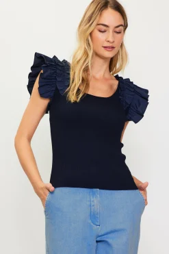 SKIES ARE BLUE Shirred Ruffle Sleeve Ribbed Sweater* Sleeveless Tops