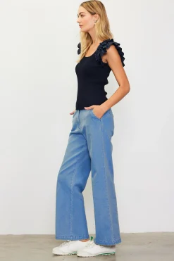 SKIES ARE BLUE Shirred Ruffle Sleeve Ribbed Sweater* Sleeveless Tops