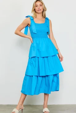 SKIES ARE BLUE Smocked Bodice Ribbon Detail Tiered Midi Dress* Midi Dresses