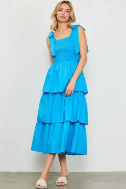 SKIES ARE BLUE Smocked Bodice Ribbon Detail Tiered Midi Dress* Midi Dresses
