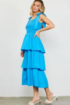 SKIES ARE BLUE Smocked Bodice Ribbon Detail Tiered Midi Dress* Midi Dresses
