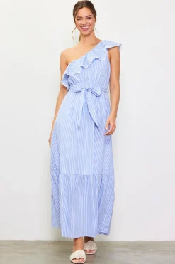 SKIES ARE BLUE Striped One Shoulder Ruffle Dress* Maxi Dresses