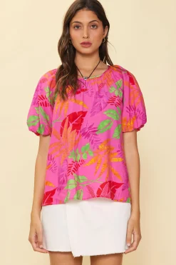 SKIES ARE BLUE Tropical Print Bubble Sleeve Top* Short Sleeve Tops