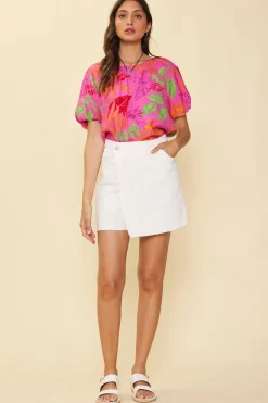 SKIES ARE BLUE Tropical Print Bubble Sleeve Top* Short Sleeve Tops