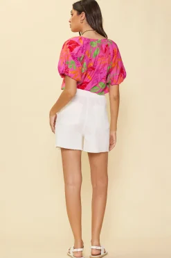 SKIES ARE BLUE Tropical Print Bubble Sleeve Top* Short Sleeve Tops
